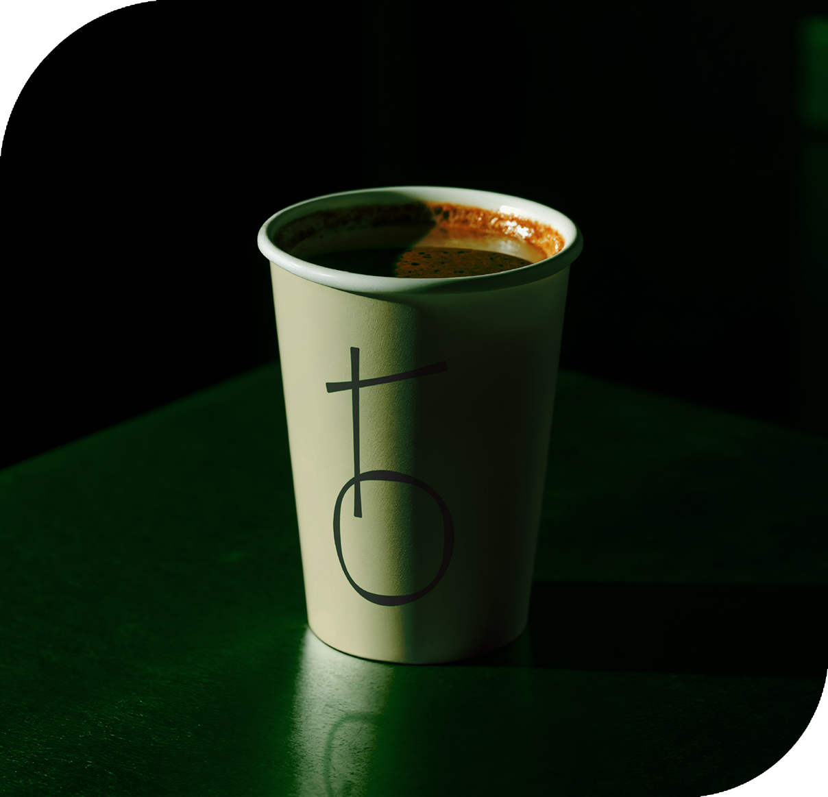 Custom brand identity design on branded coffee cup for business marketing.