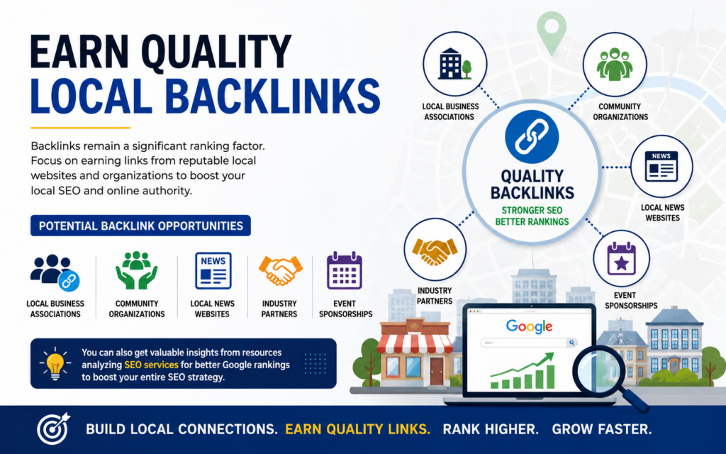 Illustration showing quality local backlink opportunities including local business associations, community organizations, local news websites, industry partners, and event sponsorships to improve local SEO rankings.