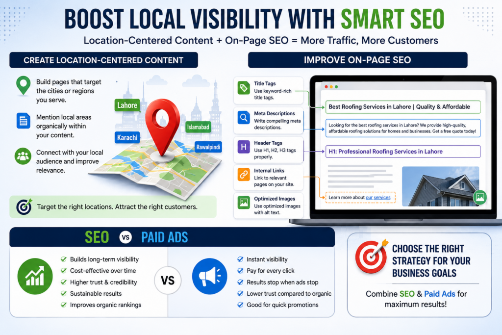 Infographic showing location-centered content strategy, on-page SEO optimization, title tags, meta descriptions, internal links, optimized images, and SEO vs paid ads comparison.
