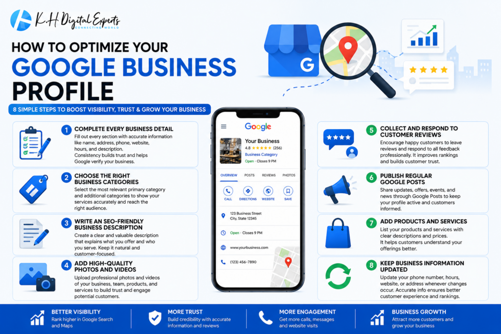 Google Business Profile optimization infographic featuring business details, reviews, Google Posts, photos, products, and local SEO strategies.